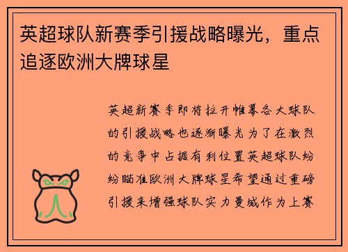 英超球队新赛季引援战略曝光，重点追逐欧洲大牌球星
