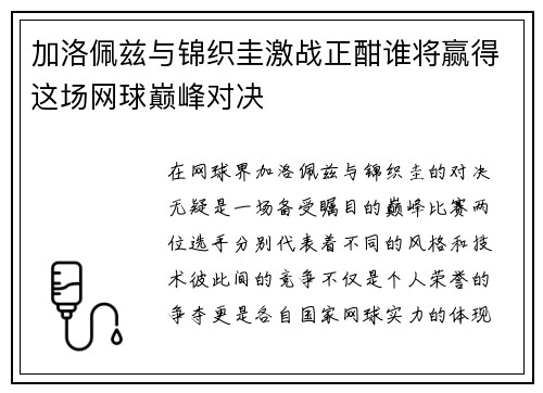 加洛佩兹与锦织圭激战正酣谁将赢得这场网球巅峰对决